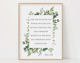 John 3:16 For God so Loved the World Bible Verse Wall Art Botanical Scripture Print for Christian Home Decor Baptism Gift Digital Download