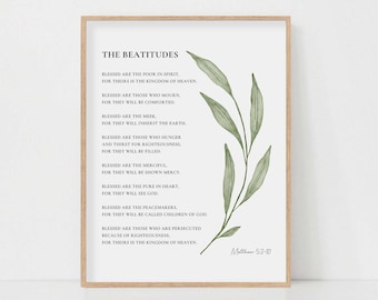 The Beatitudes Wall Art Matthew 5:3-10 Christian Blessings Bible Verse Wall Art Print Watercolor Botanical Scripture Poster Instant Download