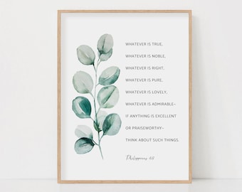 Philippians 4:8 Bible Verse Watercolor Botanical Scripture Wall Art Printable, Whatever Is True, Christian Baptism Gift, Digital Download