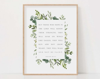 Isaiah 40:31 Bible Verse Watercolor Botanical Scripture Wall Art Sign Print For Christian Home Decor Baptism Gift, Instant Digital Download