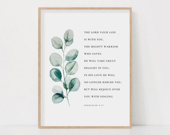 Zephaniah 3:17 The Lord your God is with you Bible Verse Watercolor Botanical Scripture Wall Art Sign Print Christian Gift Digital Download