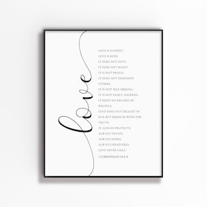 1 Corinthians 13:4-8, Love is Patient, Love is Kind, Love never Fails, Bible Verse Wall Art, Scripture Poster for Christian Home