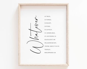 Philippians 4:8 Minimal Christian Wall Art Print, Whatever is True Bible Verse Poster, Scripture Art Print For Christian Home