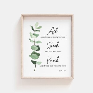 Matthew 7:7 Bible Verse Print Botanical Scripture Wall Art For Christian Home, Ask Seek Knock, Baptism Gift, Digital Download