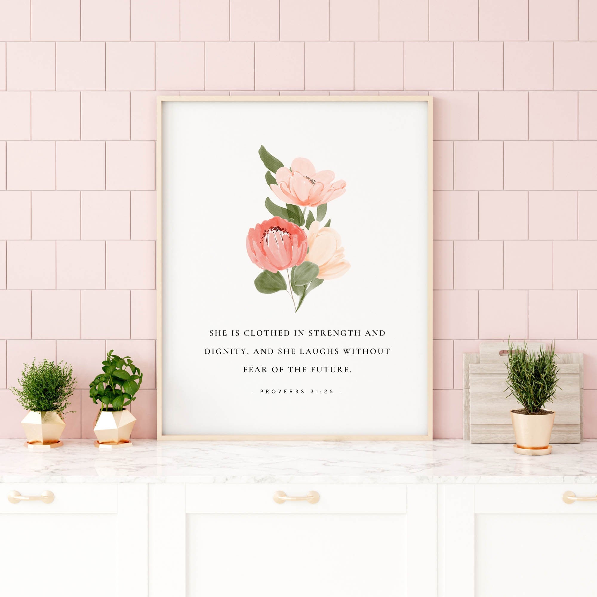Proverbs 31:25 Wall Art, Floral Bible Verse Poster, Christian Wall Art ...