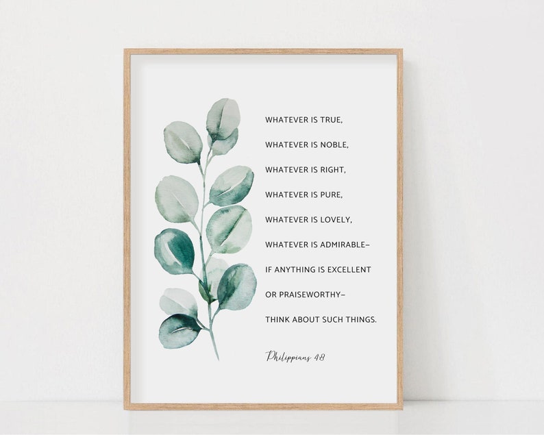 Whatever Right Philippians 4:8 Bible Verse Watercolor Botanical Scripture Wall Art ...