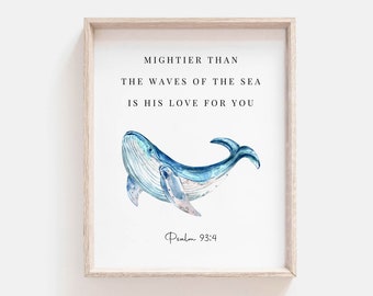 Psalm 93:4 Machtiger dan de golven van de zee, Aquarel Bijbel Vers Kunst aan de muur, Schrift print, Christelijke Kinderkamer Poster, Digitale Download