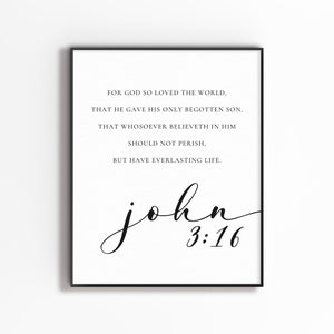 John 3:16, For God So Loved The World, Minimal Christian Wall Art, Typography Black and White Bible Quote Poster for Christian Home