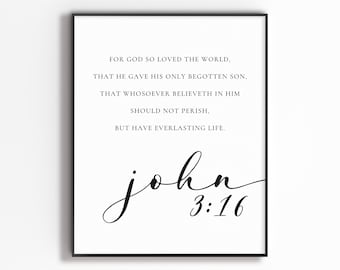 John 3:16, For God So Loved The World, Minimal Christian Wall Art, Typography Black and White Bible Quote Poster for Christian Home