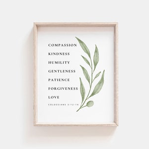Colossians 3:12-14 Bible Verse Print Botanical Scripture Wall Art For Christian Home, Clothe Yourself With Compassion, Digital Download