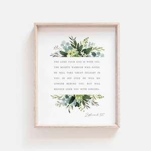 Zephaniah 3:17 Wall Art, Bible Verse Wall Art Print, Botanical Scripture Wall Art, Christian Botanical Print, Instant Digital Print