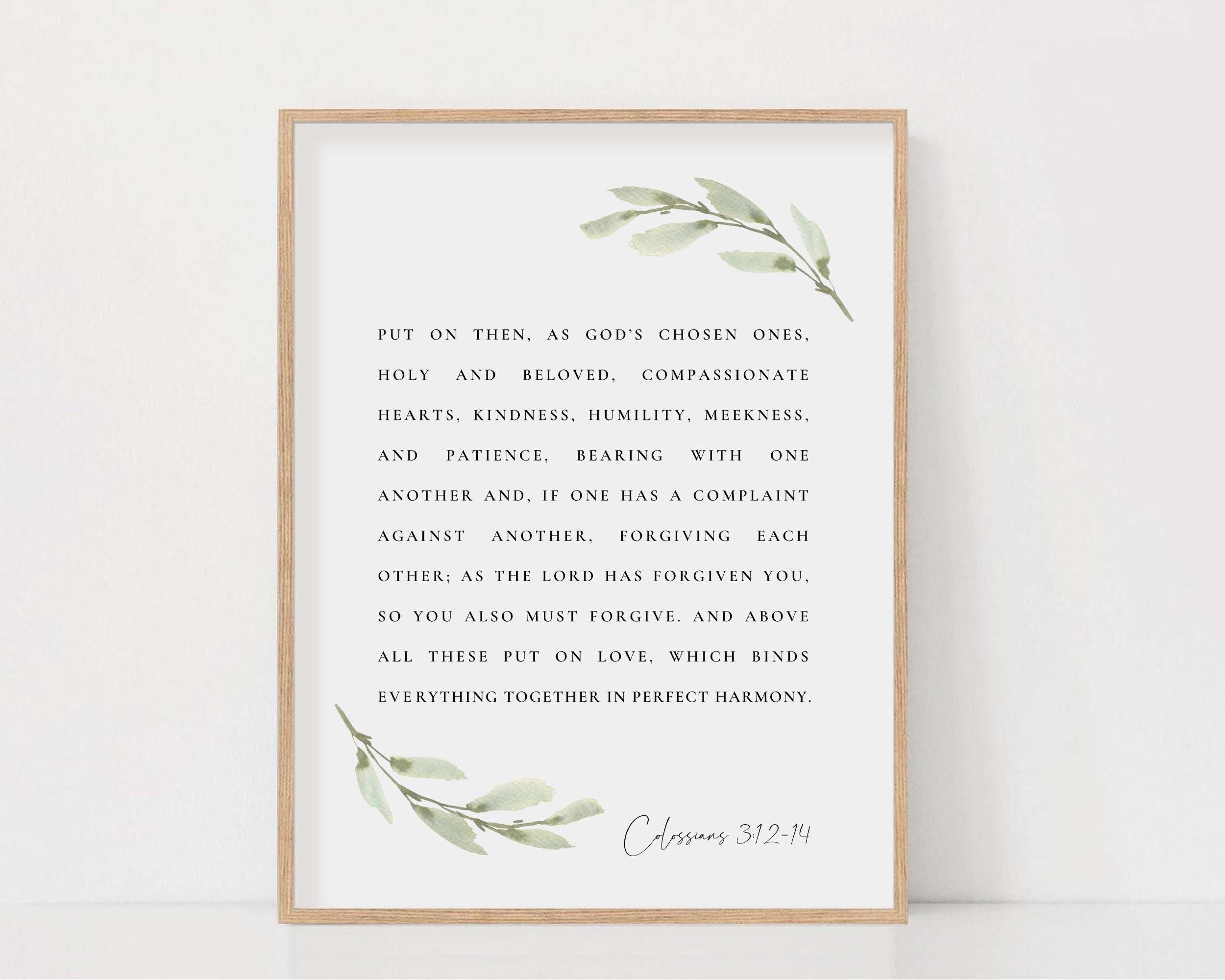 Colossians 3:12-14 Bible Verse Watercolor Botanical Scripture Wall Art Sign Print For Christian Home Decor Baptism Gift Digital Download