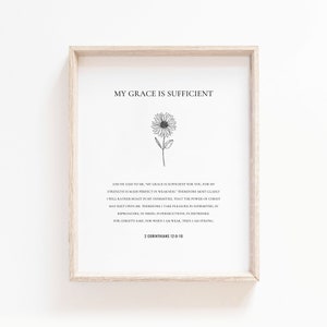 2 Corinthians 12:9-10 My Grace Is Sufficient Wall Art, Minimal Christian Wall Art, Floral Bible Verse Poster, Scripture Printable