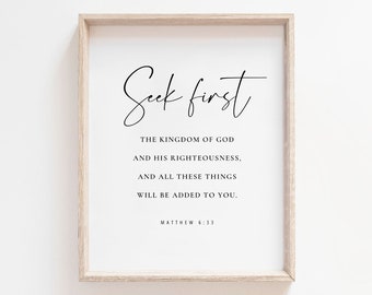 Matthew 6:33 Minimal Christian Wall Art, Bible Verse Poster, Seek First The Kingdom Of God Wall Art Print, Scripture Art Print, Baptism Gift