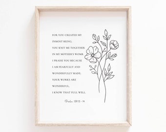 Fearfully And Wonderfully Made Wall Art Print, Psalm 139:13-4 Minimal Christian Wall Art, Floral Bible Verse Poster, Flower Scripture Print