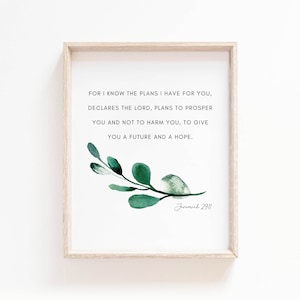 Jeremiah 29:11 Bible Verse Wall Art Print, Botanical Scripture Print for Christian Home Decor, Baptism Gift, Digital Download