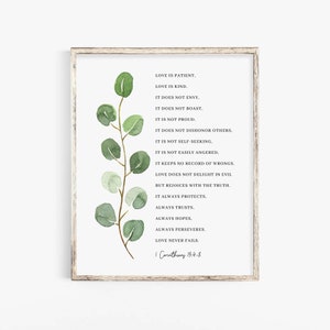 1 Corinthians 13:4-8 Bible Verse Print Botanical Scripture Wall Art For Christian Home, Love Is Patient Love Is Kind, Digital Download