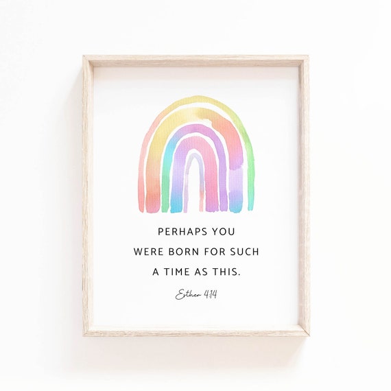 Esther 4:14 Bible Verse Print Watercolor Rainbow Scripture Wall Art Printable Christian Nursery Wall Decor Digital Print, Digital Download