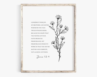 James 1:2-4, Consider it pure joy, my brothers and sisters, Minimal Christian Wall Art, Floral Bible Verse Poster