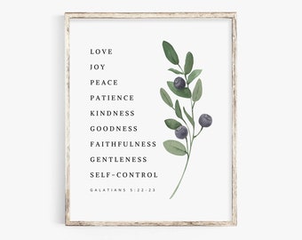 Fruit of the Spirit Galatians 5 22 Scripture Wall Art Print, Botanical Bible Verse Print Inspirational Christian Wall Decor Instant Download