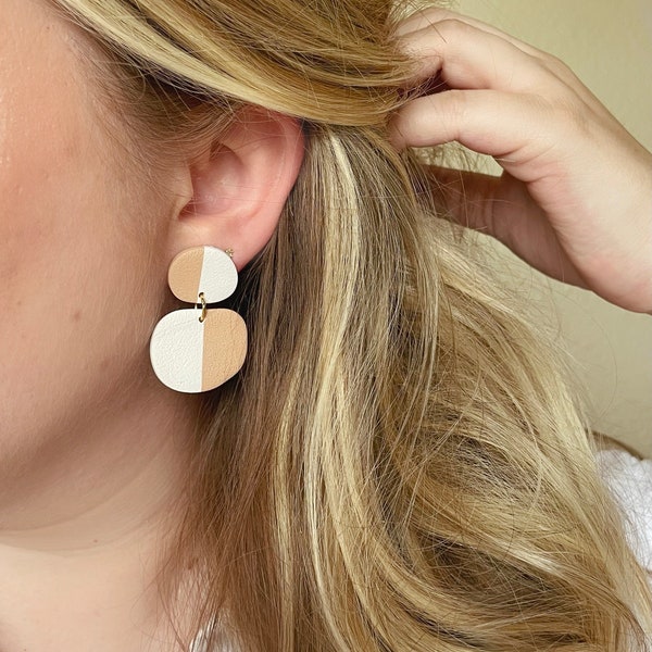 Neutral Colorblock Earrings: handmade beige and tan textured polymer clay with stainless steel posts and gold plated findings