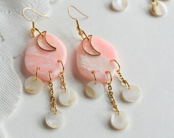 ATHENA Rose Quartz Geometric Polymer Clay Brass Statement Earrings