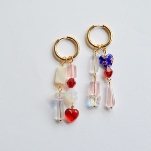 Valentina Earrings: beaded hoop earrings with vintage glass beads and charms on gold plated stainless steel hoops