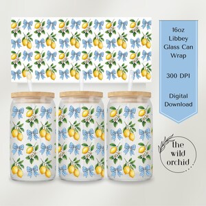 May include: Three glass can wraps with a lemon and blue bow pattern, wooden lids, and straws. The design includes lemons, white flowers, and blue polka dot bows. The image also includes the text "16oz Libbey Glass Can Wrap" and "Digital Download."