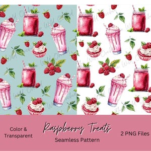 May include: Seamless pattern featuring watercolor illustrations of raspberry treats. The design includes pink milkshakes, raspberry-topped cupcakes, and raspberry smoothies in mason jars, with green leaves and fresh raspberries. The text "Raspberry Treats" is displayed.