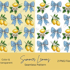 May include: A digital seamless pattern featuring watercolor illustrations of yellow lemons, white flowers, and blue bows with white polka dots. The text "Summer Lemons" and "Seamless Pattern" are also included.