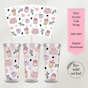 May include: Three clear acrylic tumblers with a decorative wrap featuring a repeating pattern of coffee cups, gifts, hearts, and candles. A pink banner reads "24oz Acrylic Cup Wrap" and "Digital Download."