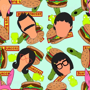 May include: A seamless pattern featuring characters from the animated TV show Bob's Burgers. The pattern includes Bob Belcher, Linda Belcher, Tina Belcher, Gene Belcher, Louise Belcher, and the restaurant's logo. The background is a light blue color.