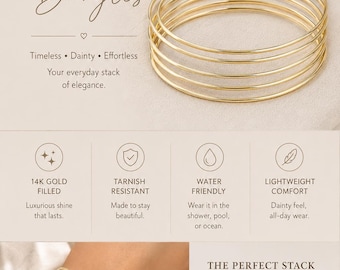 14K Gold Filled Set of 7 Bangles – Classic Stackable Bracelet Set