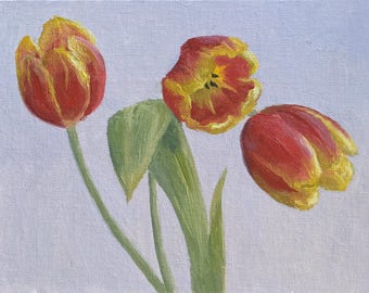 Original Oil Painting - Three Tulips - 6x8 Floral Still Life - Classical Realism