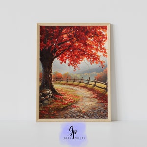 Autumn Country Field Painting | Maple Tree Print | Fall Printable | Autumn art | Fall Tree Art  | Autumn Fall Country Art | Fall Scenery 063