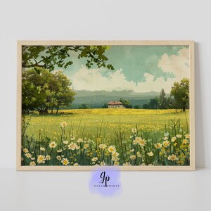 Spring Meadow House Printable | Vintage Landscape Print | County Field  | Wildflower Field Painting | Spring Flower Art | Daisy Flower | 018