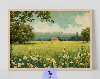 Spring Meadow House Printable | Vintage Landscape Print | County Field  | Wildflower Field Painting | Spring Flower Art | Daisy Flower | 018