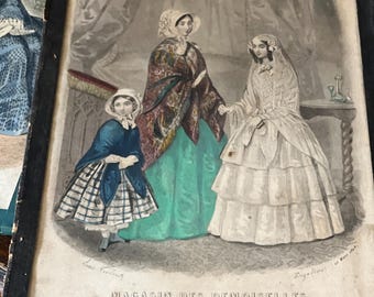 Antique Hand coloured Fashion Print, framed