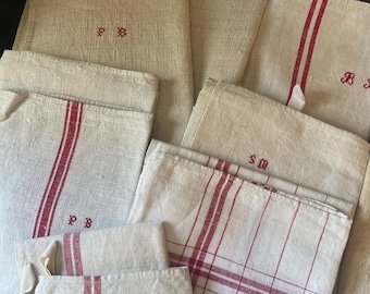 Vintage French Monogrammed Linen Kitchen Towels