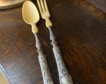 French Antique Silver and Horn Salad Servers