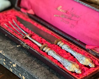 Boxed French Antique Silver Carving Set