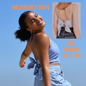 May include: A PDF sewing pattern for a halter top with a bow tie detail in the back. The pattern is available in two styles: halter or straps. The image shows a woman wearing the halter top in a light blue color.