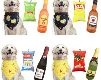 GRANDA Dog Birthday Gift Set 3 PSC/Birthday Dog Bandana, Bottle of Funny Alcohol Dog Squeaky Toy and Bag of Funny Chips Dog Toy