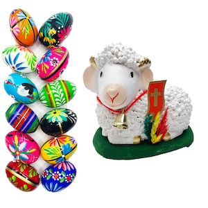 EASTER WOODEN EGGS 8PC with Lamb 1PC   Pisanki Baranek Wielkanocny Wielkanoc