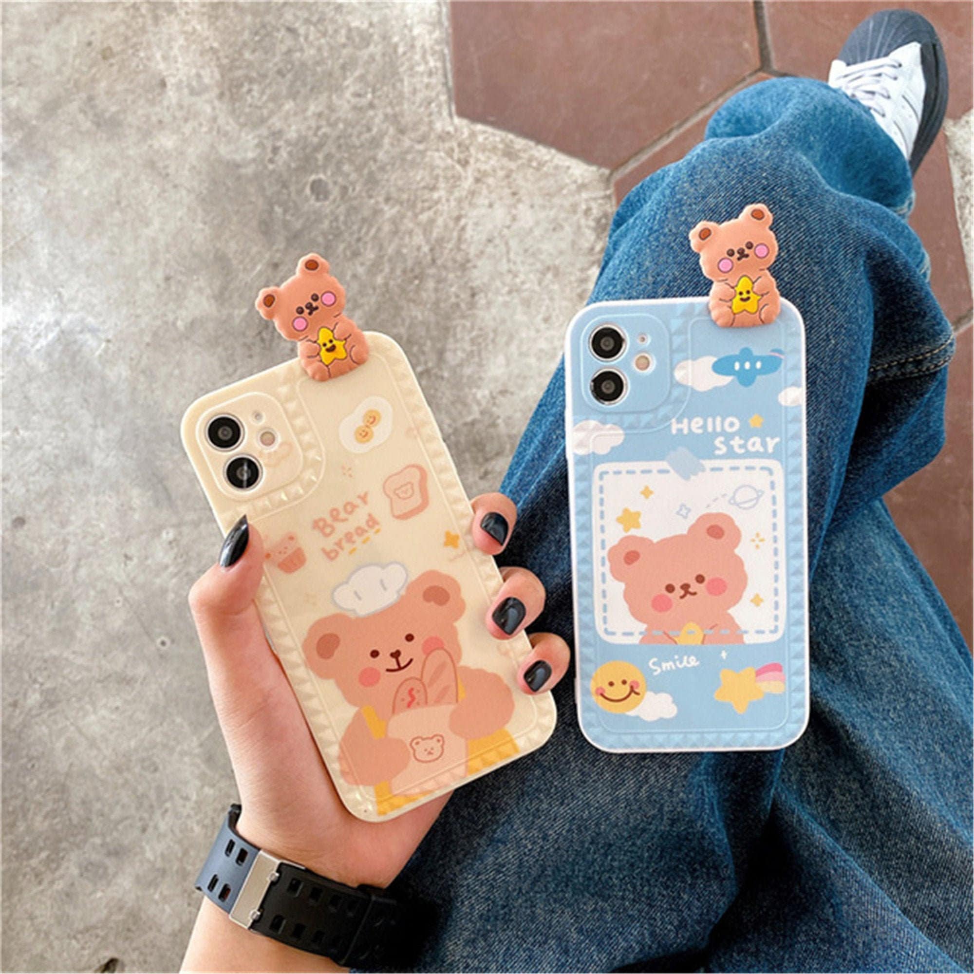Kawaii 3D Bear Phone Case in Beige Blue Adorable Phone Case Etsy