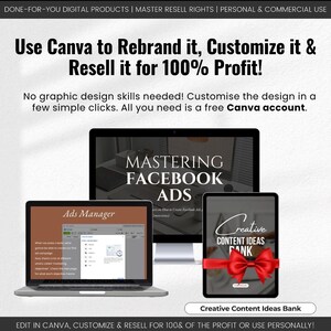 May include: Image promoting digital products with the text "Use Canva to Rebrand it, Customize it & Resell it for 100% Profit!". It features a laptop, desktop monitor, and tablet displaying Canva and marketing content. The image includes the text "Creative Content Ideas Bank".