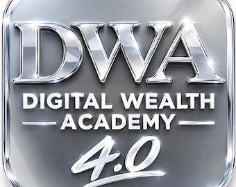 May include: A square metallic emblem with rounded corners featuring the silver text DWA DIGITAL WEALTH ACADEMY 4.0. The design has a polished chrome finish with reflective highlights and a brushed metal texture on the background surface.