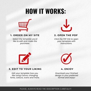 May include: Infographic titled "HOW IT WORKS:" with four steps: Order on My Site, Open the PDF, Edit to Your Liking, and Enjoy. Each step has a red icon and brief instructions. The bottom of the image reads, "PLEASE, ALWAYS READ THE DESCRIPTION CAREFULLY!"