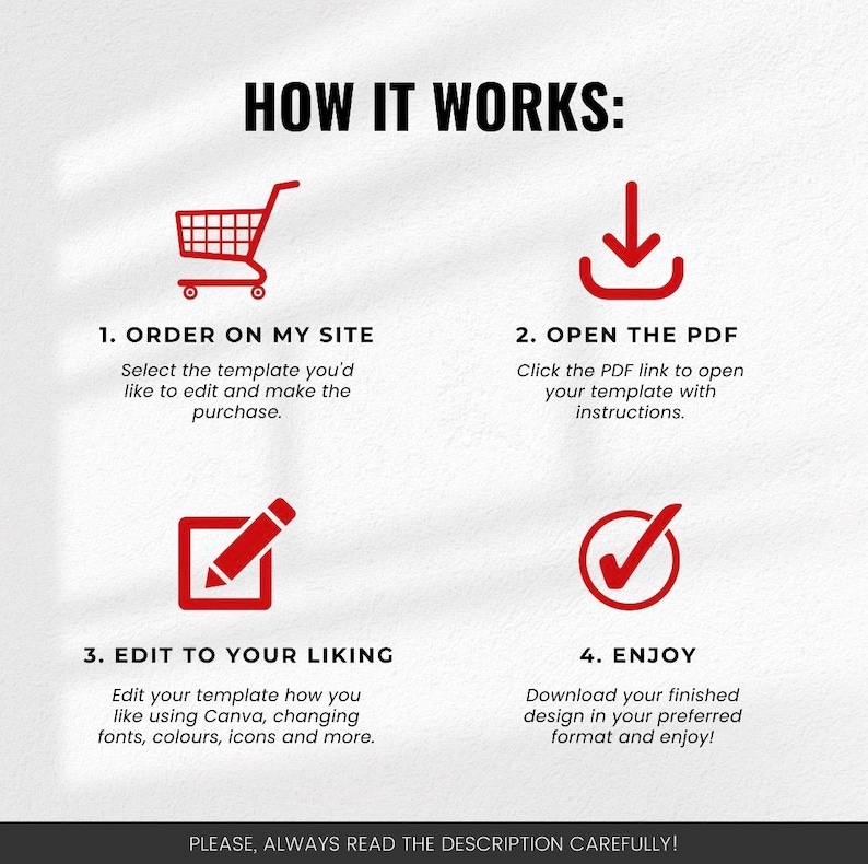 May include: Infographic titled "HOW IT WORKS:" with four steps: Order on My Site, Open the PDF, Edit to Your Liking, and Enjoy. Each step has a red icon and brief instructions. The bottom of the image reads, "PLEASE, ALWAYS READ THE DESCRIPTION CAREFULLY!"