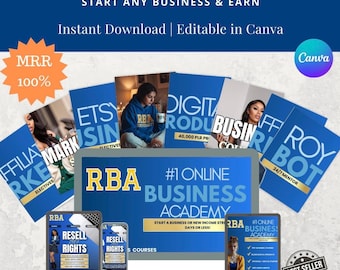 May include: A digital marketing graphic with the text "#1 Business Community - Start Any Business & Earn." The image includes a computer, tablet, and phone displaying business-related content, with the words "RBA" and "Resell Rights."